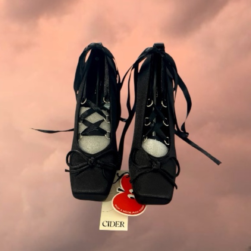 Cider Black Lace-Up Square Toe Heels with Ribbon Ties